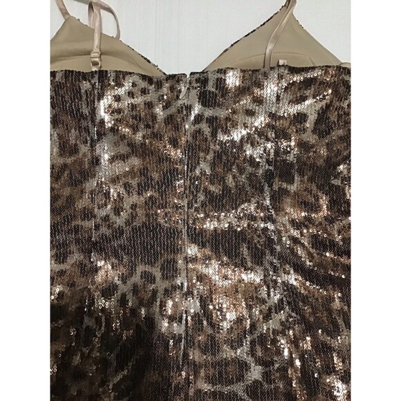 MARINA Brown Leopard Print Dress Spaghetti Strap W/ Split Formal Sequin Gown 8 - Picture 3 of 4